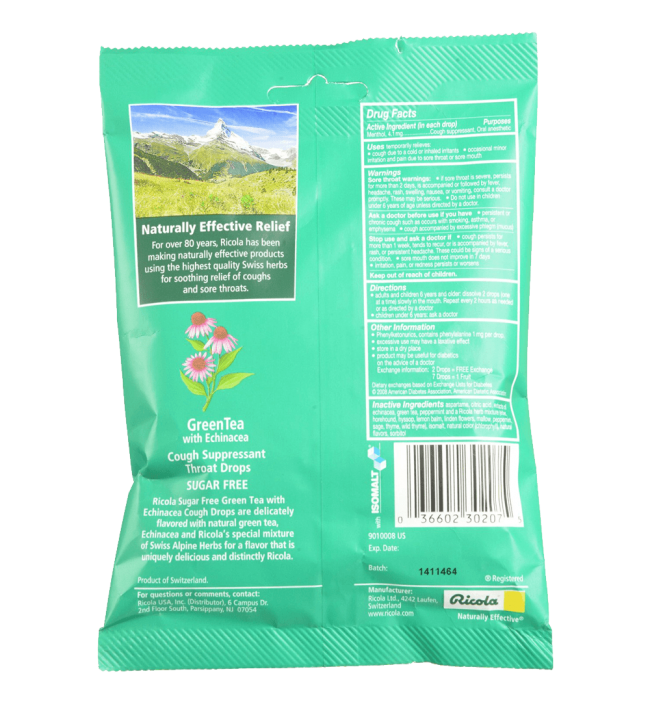 Ricola Cough Suppressant Throat Drops Green Tea with Echinacea Sugar Free 19 Drops